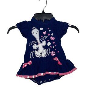 Vintage Snoopy Happy Dancing Dress Bodysuit Size 12 Months Blue w Pink Trim